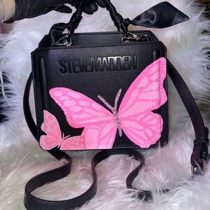 Custom Pink Butterfly π¦ Steve Madden Black Crossbody Bag + Bling Chains + Satin